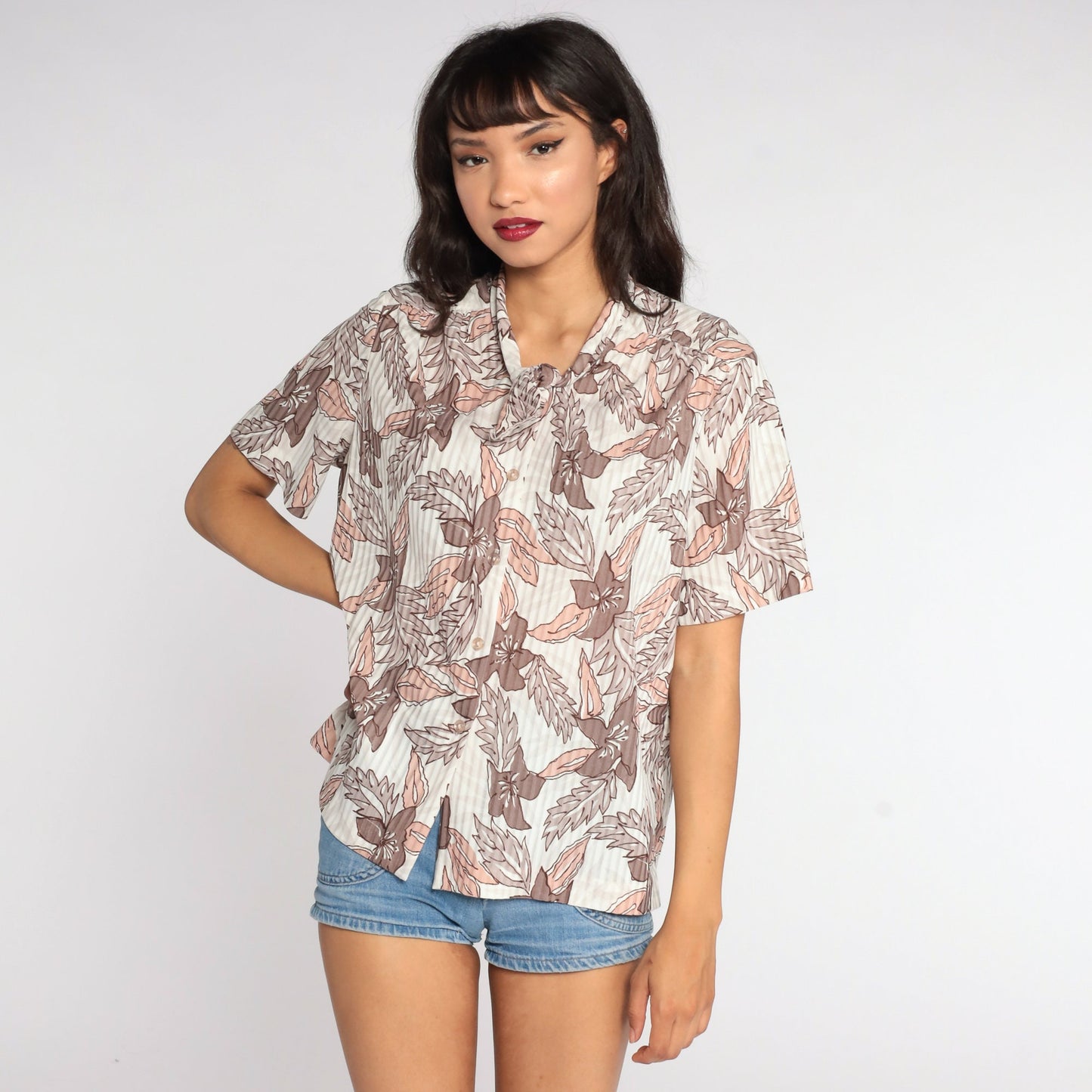 80s Floral Ascot Blouse Short Sleeve Button Up Cream Taupe Large