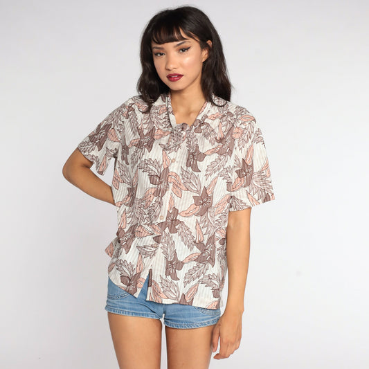 80s Floral Ascot Blouse Short Sleeve Button Up Cream Taupe Large