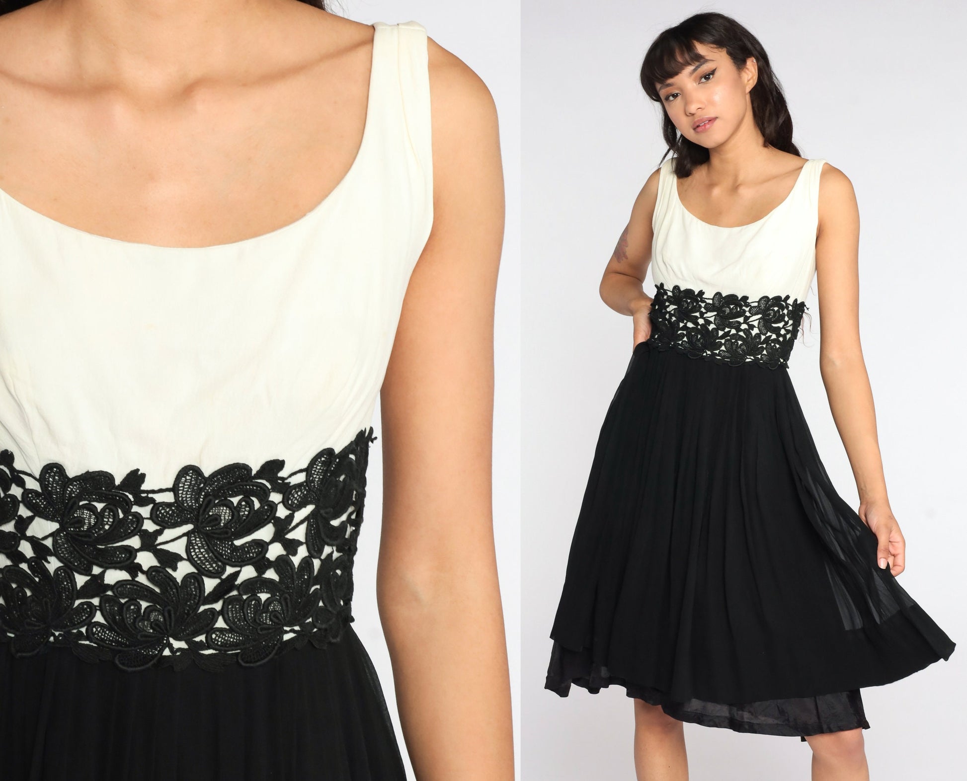 1960s Suzy Perette Black Chiffon Lace Cocktail Dress Off-White Bodice Extra Small