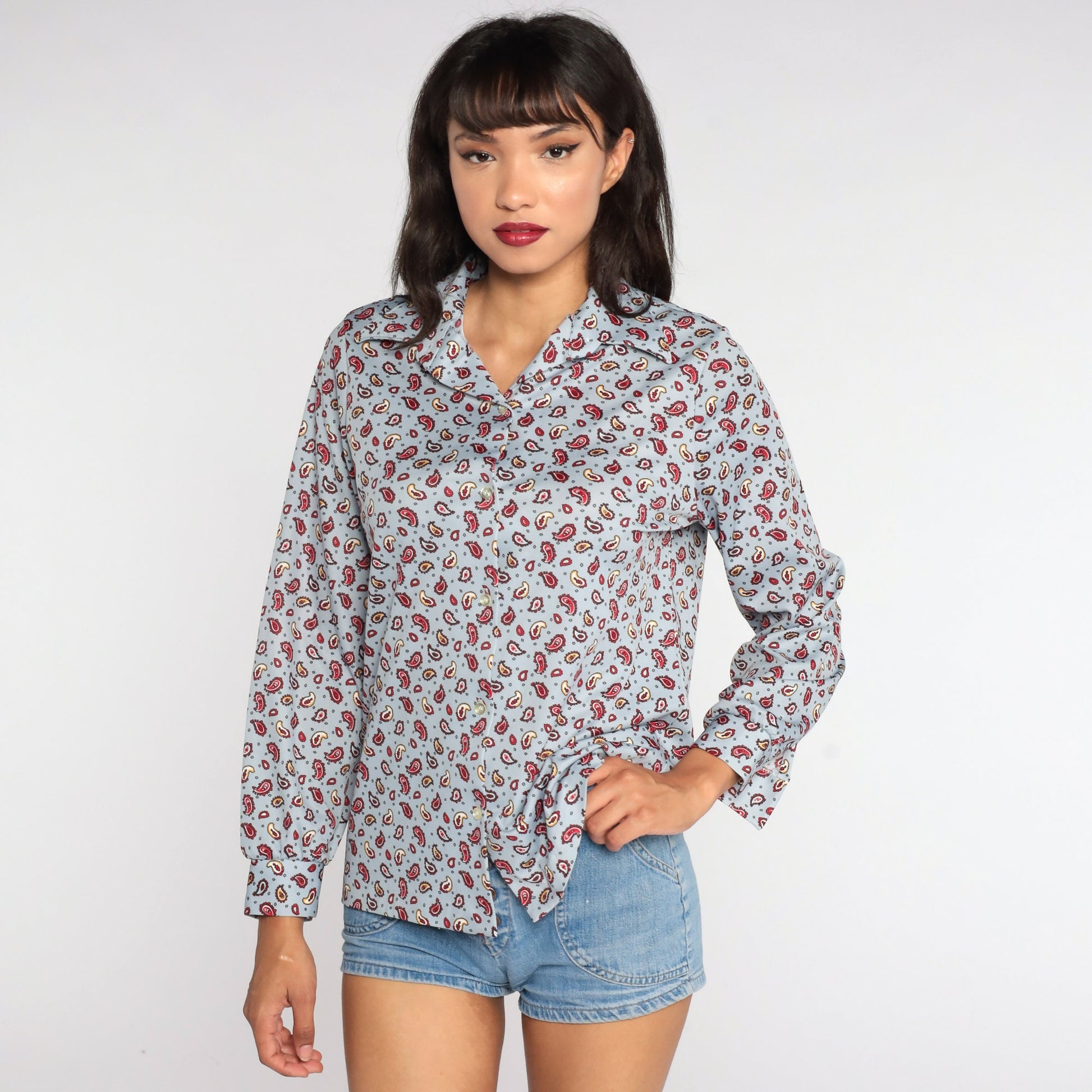 70s Paisley Print Blouse Blue Long Sleeve Button Up Medium