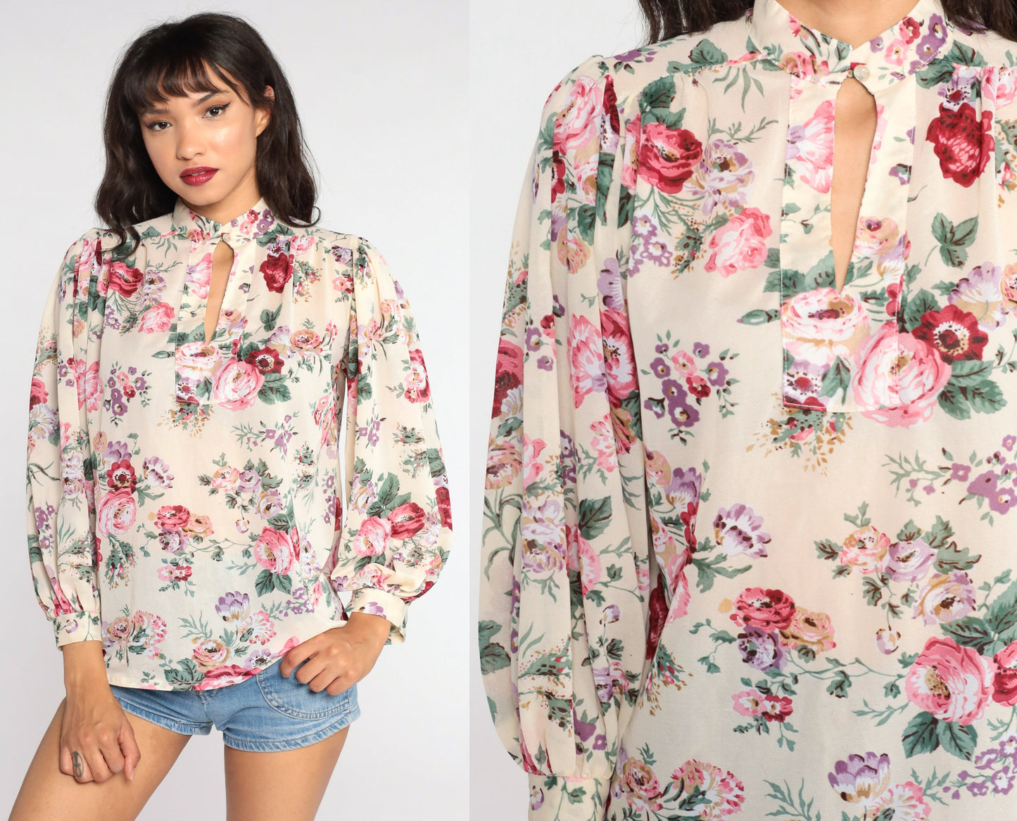 80s Floral Keyhole Blouse Puff Sleeve Semi-Sheer Medium