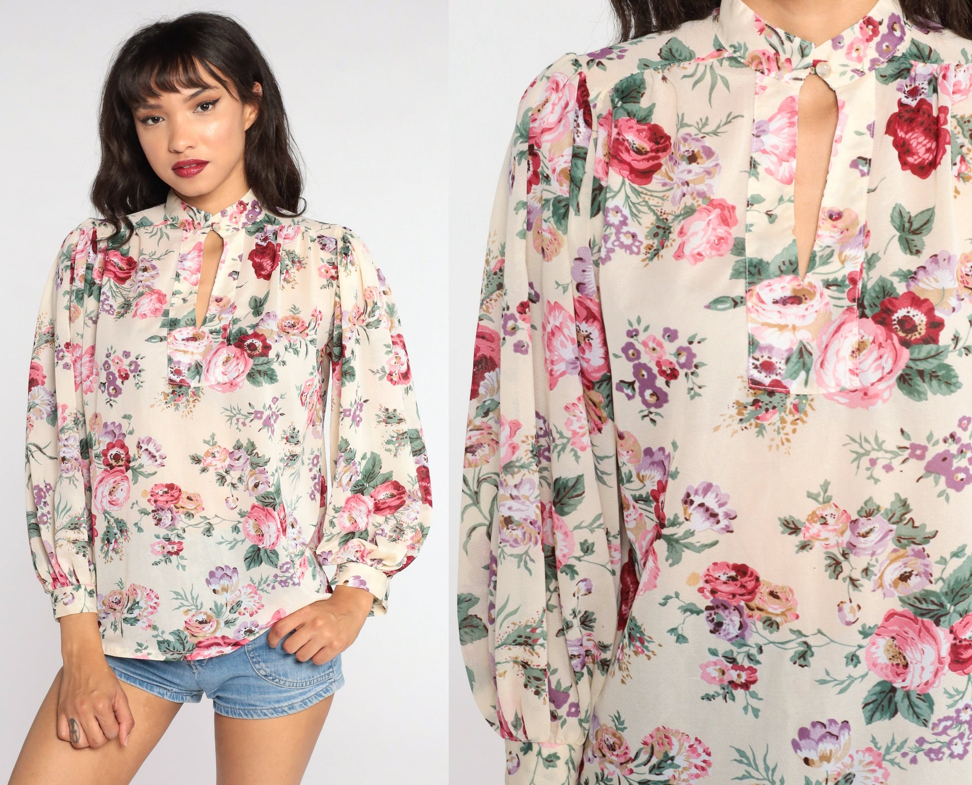 80s Floral Keyhole Blouse Puff Sleeve Semi-Sheer Medium