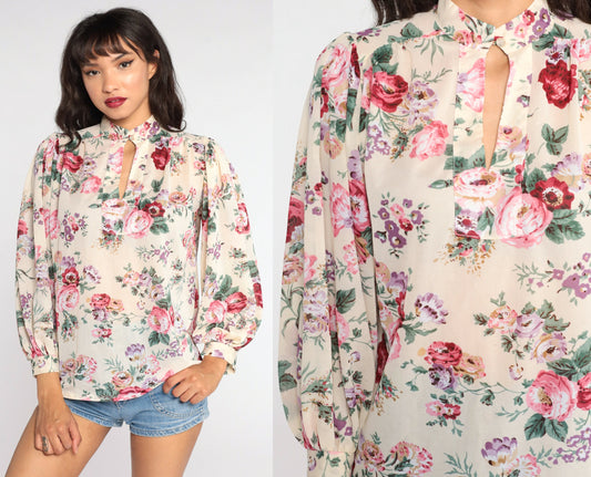 80s Floral Keyhole Blouse Puff Sleeve Semi-Sheer Medium