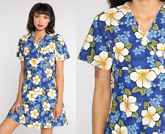 90s Floral Tropical Mini Dress Hibiscus Print Shift Blue Small