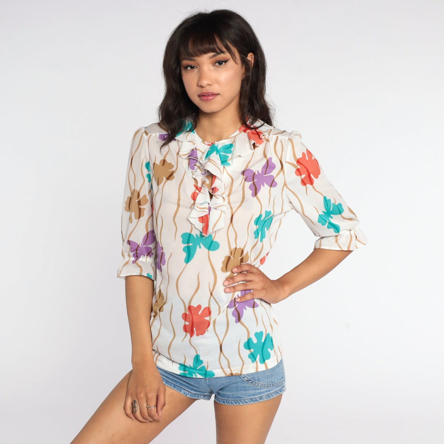 70s Butterfly Print Puff Sleeve Blouse Ruffle Neck Button Up Medium