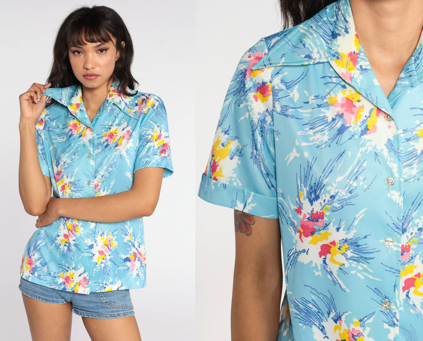 70s Abstract Floral Print Button-Up Blouse Pink Blue Short Sleeve Medium