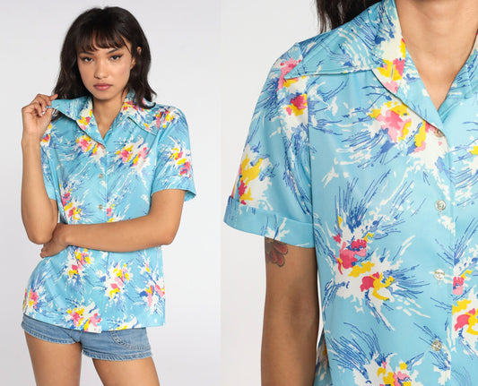 70s Abstract Floral Print Button-Up Blouse Pink Blue Short Sleeve Medium