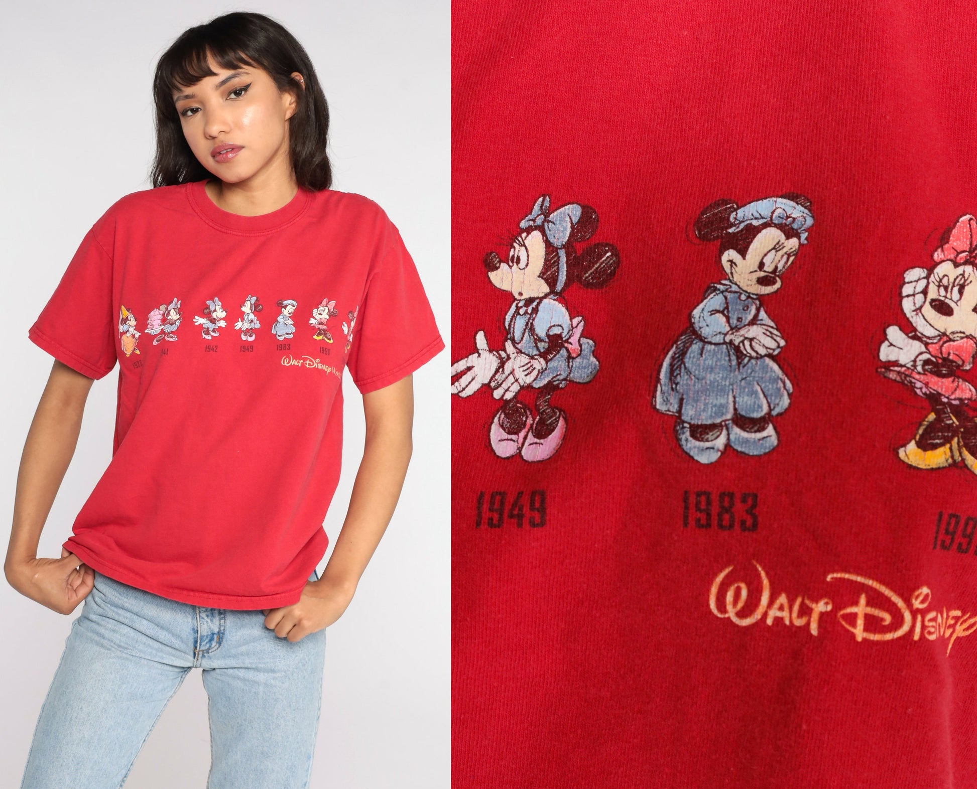 90s Minnie Mouse Walt Disney Graphic T-Shirt Red Cotton Small