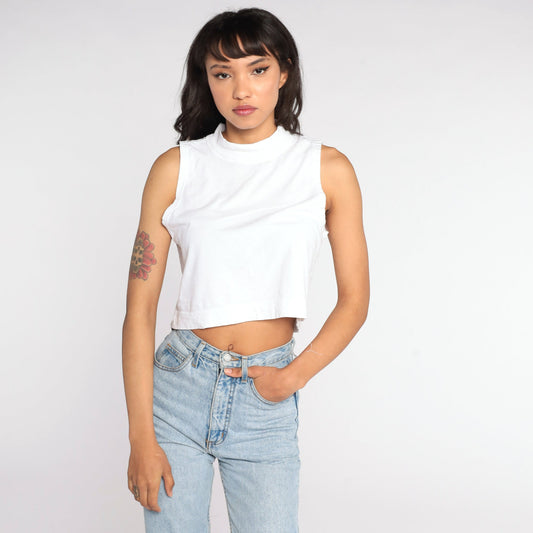 80s White Mock Neck Crop Tank Top Sleeveless Shirt Small