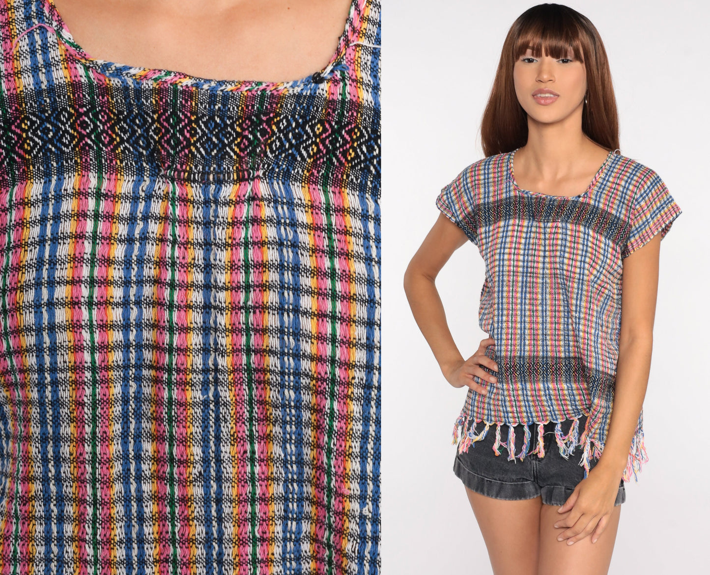 90s Striped Fringe Tunic Top Cotton Blend Short Sleeve Small