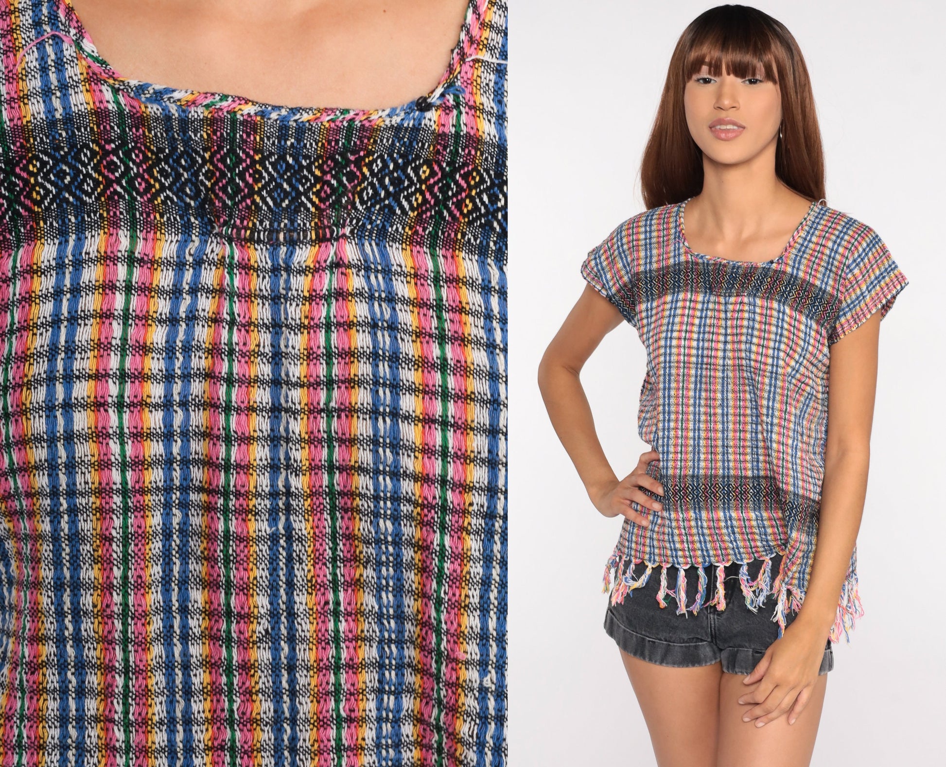90s Striped Fringe Tunic Top Cotton Blend Short Sleeve Small