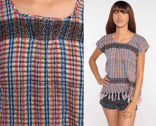 90s Striped Fringe Tunic Top Cotton Blend Short Sleeve Small