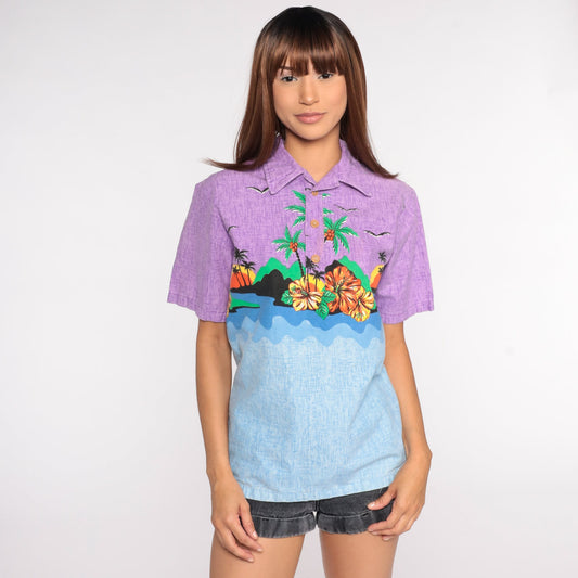 70s Tropical Palm Tree Flower Print Button-Up Shirt Blue Purple Cotton Medium