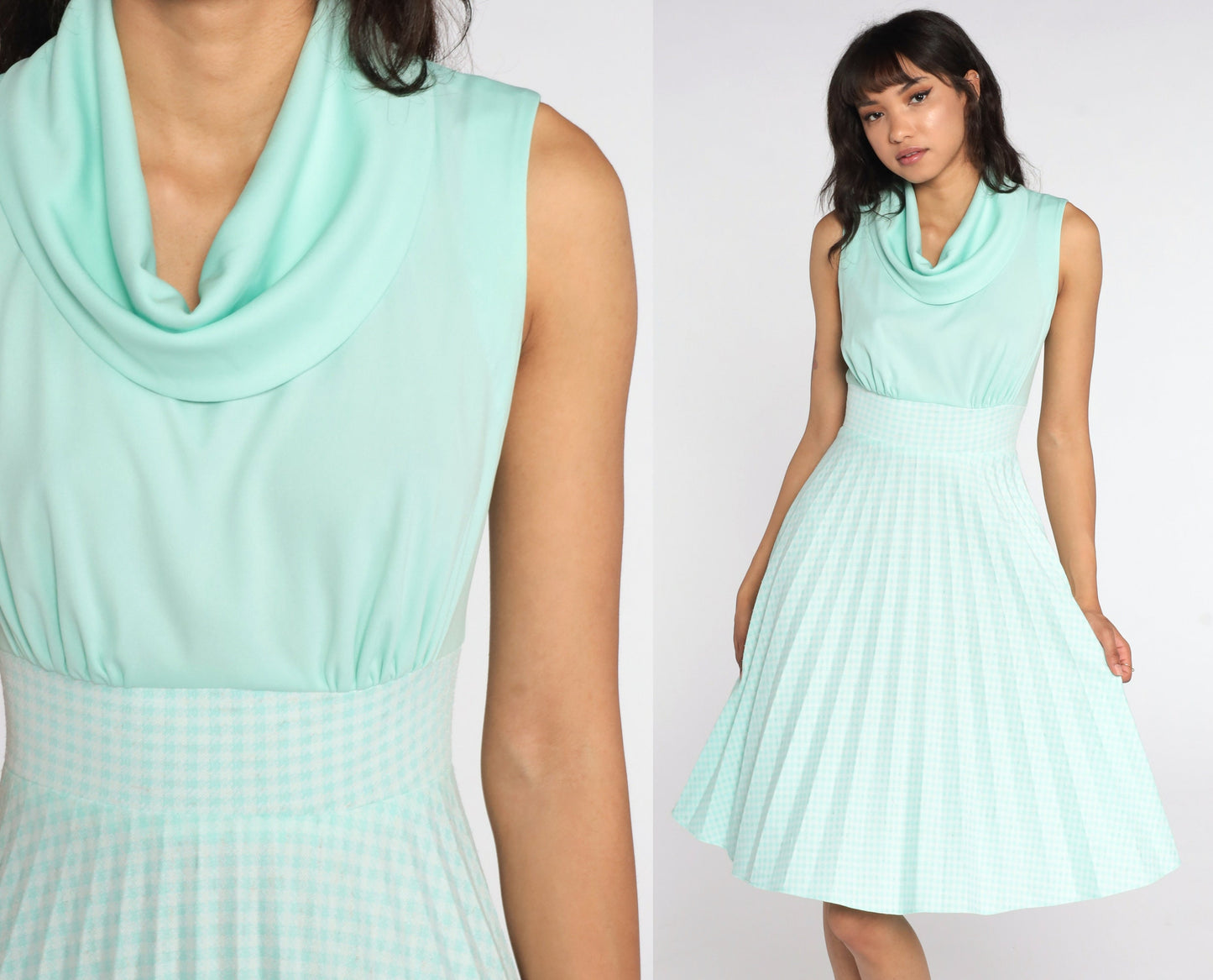 70s Mint Gingham Empire Waist Dress Cowl Neck Pleated Sleeveless Small