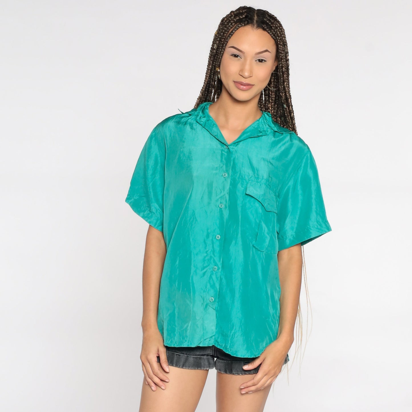 90s Turquoise Silk Button-Up Blouse Short Sleeve Medium