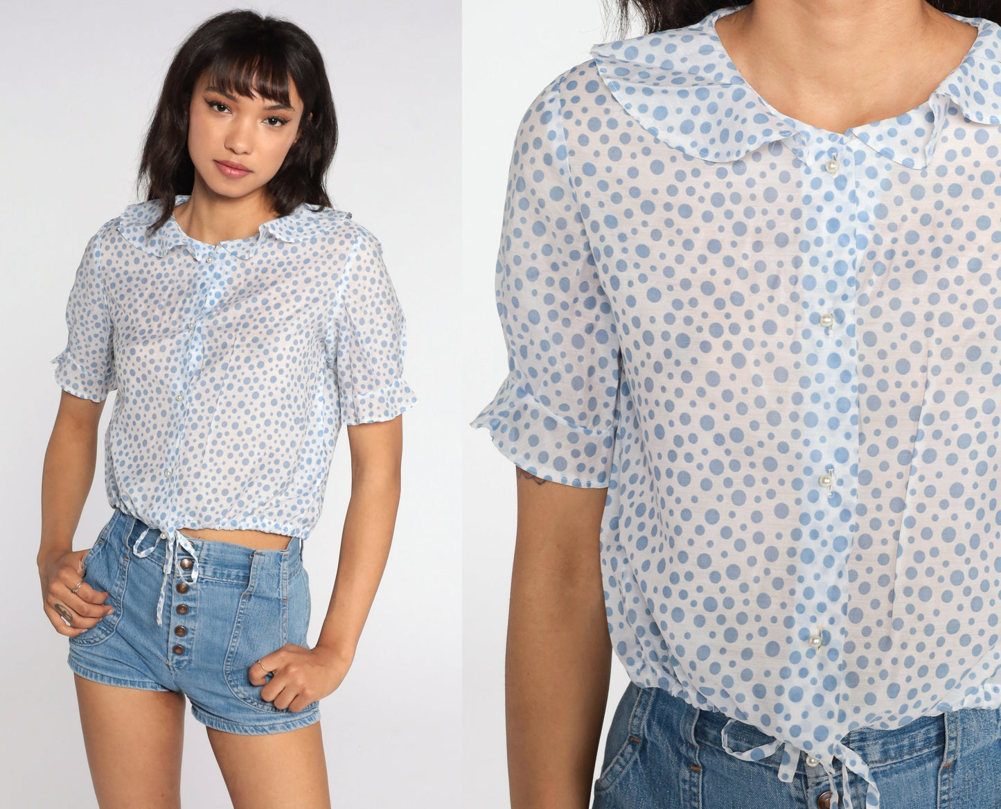 70s Polka Dot Crop Top Sheer White Pearl Button Blouse Small