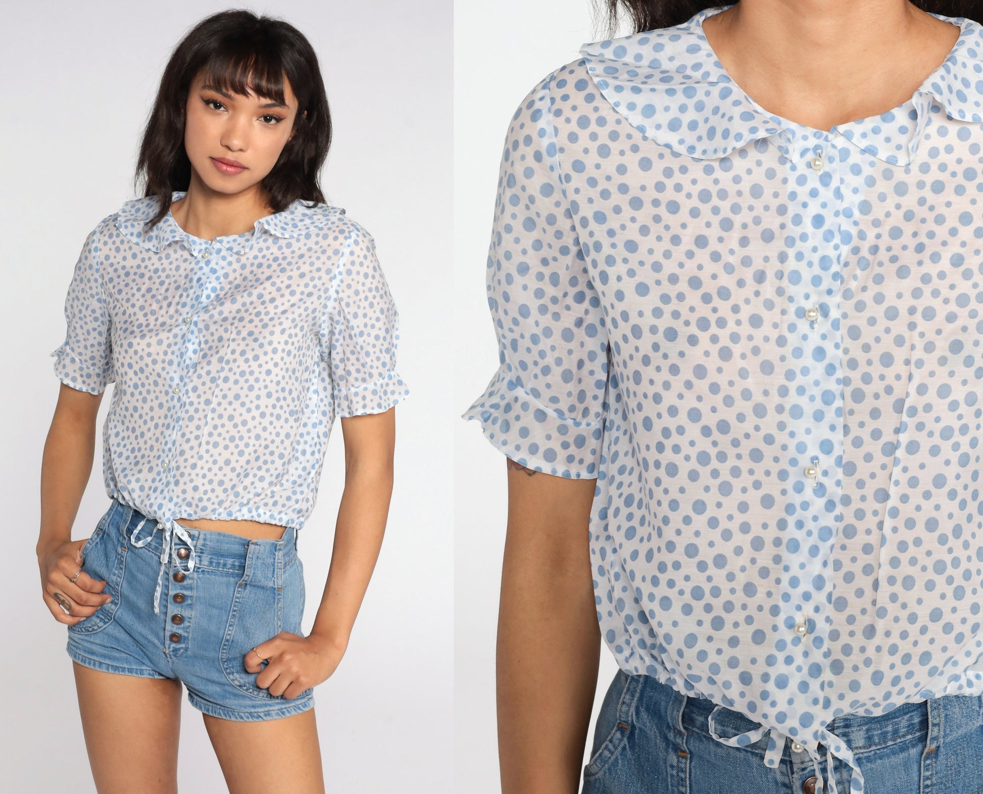 70s Polka Dot Crop Top Sheer White Pearl Button Blouse Small