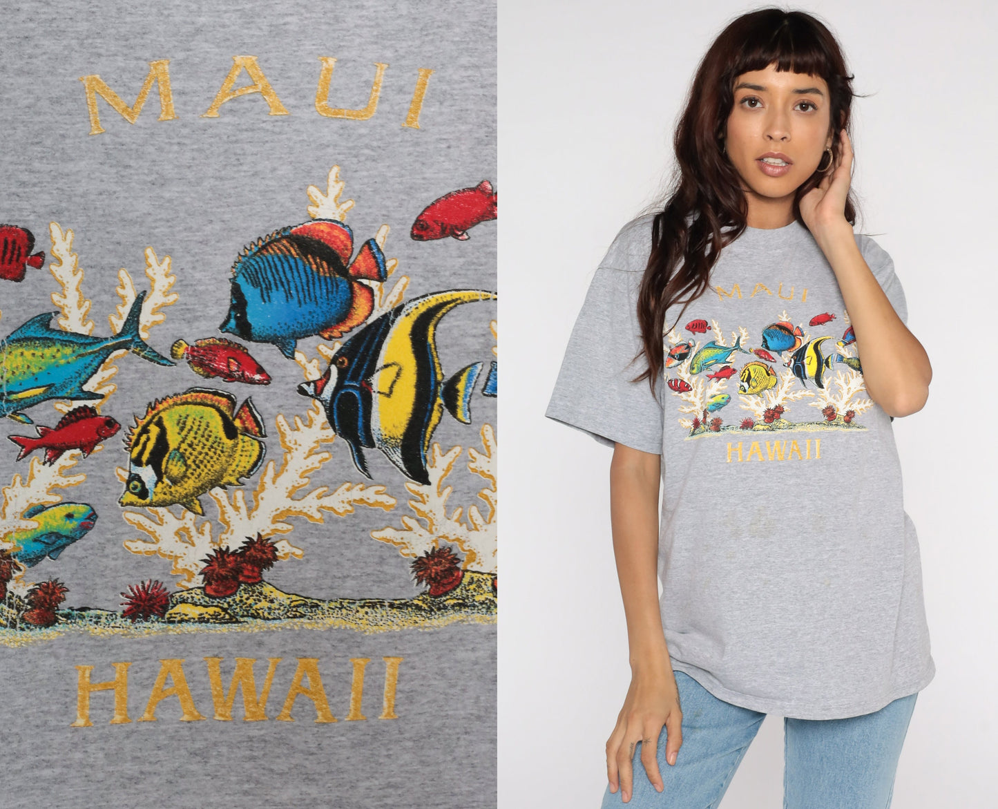 90s Maui Tropical Fish Graphic T-Shirt Grey Large L