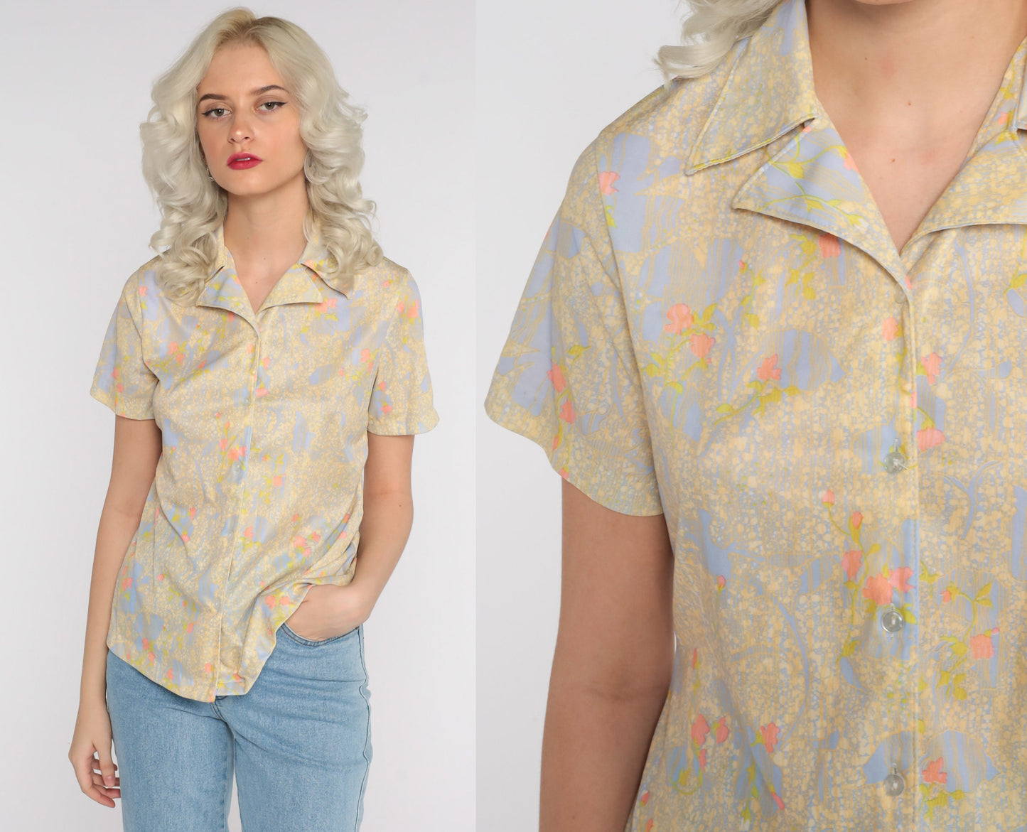 70s Abstract Floral Print Button-Up Blouse Yellow Purple Short Sleeve Small