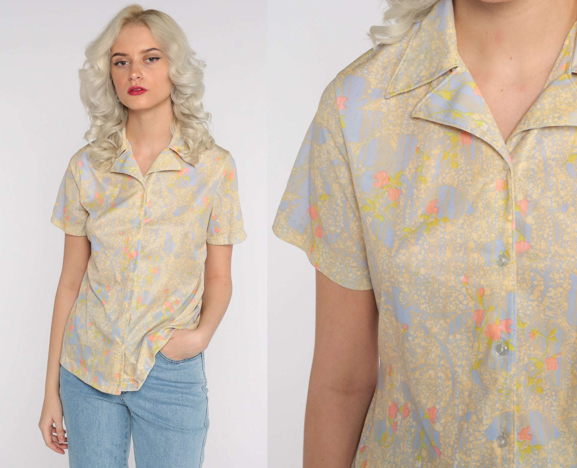 70s Abstract Floral Print Button-Up Blouse Yellow Purple Short Sleeve Small