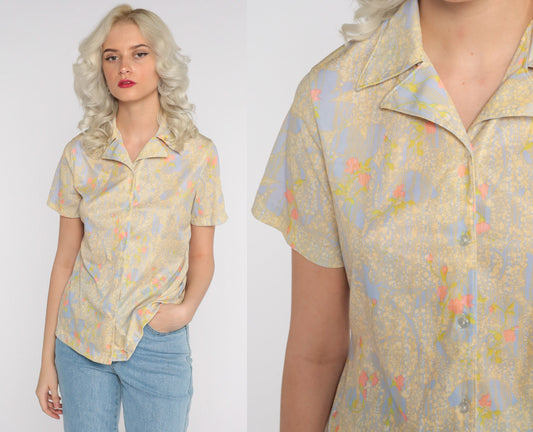 70s Abstract Floral Print Button-Up Blouse Yellow Purple Short Sleeve Small