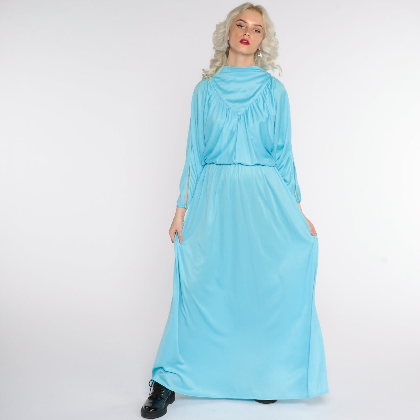 70s Blue Maxi Dress Split Sleeve Blouson Bodice Grecian Small Medium