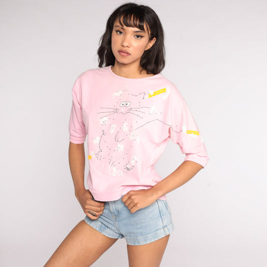 80s Cat Mouse Connect The Dots Graphic T-Shirt Baby Pink Cotton Small
