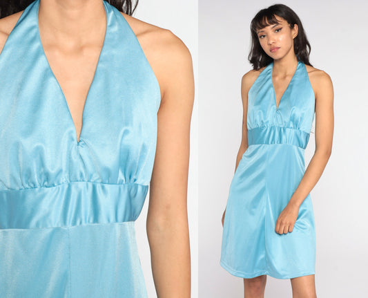 70s Halter Neck Mini Dress Baby Blue Empire Waist V-Neck Medium
