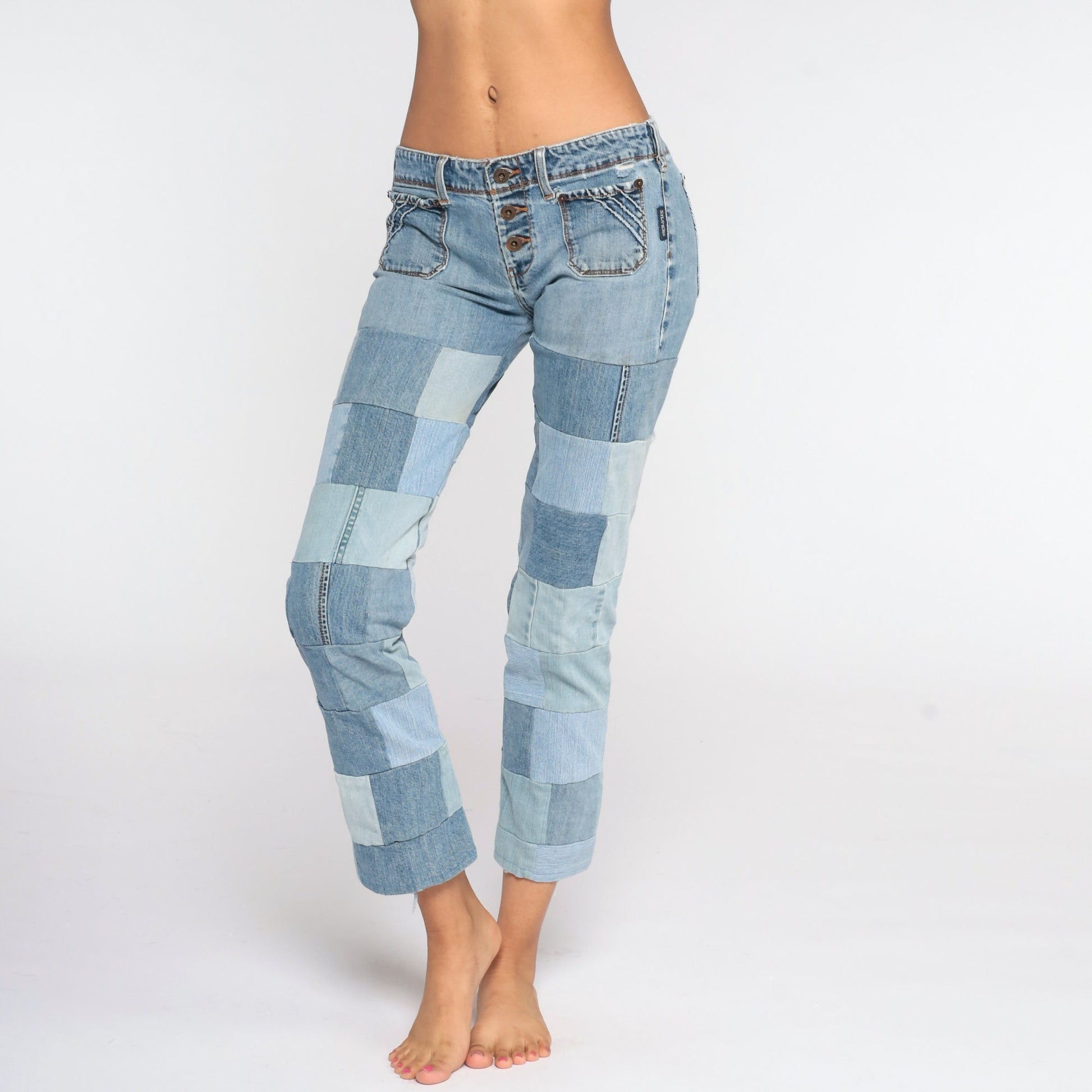 Y2K Silver Jeans Patchwork Denim Low Rise Straight Leg Extra Small XS
