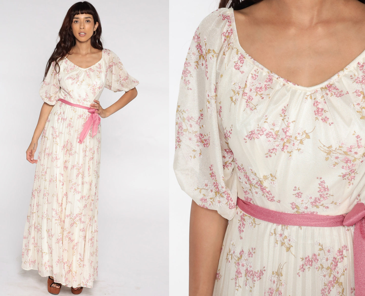 70s Floral Maxi Dress Off-White Pink High Waist Pleated Small