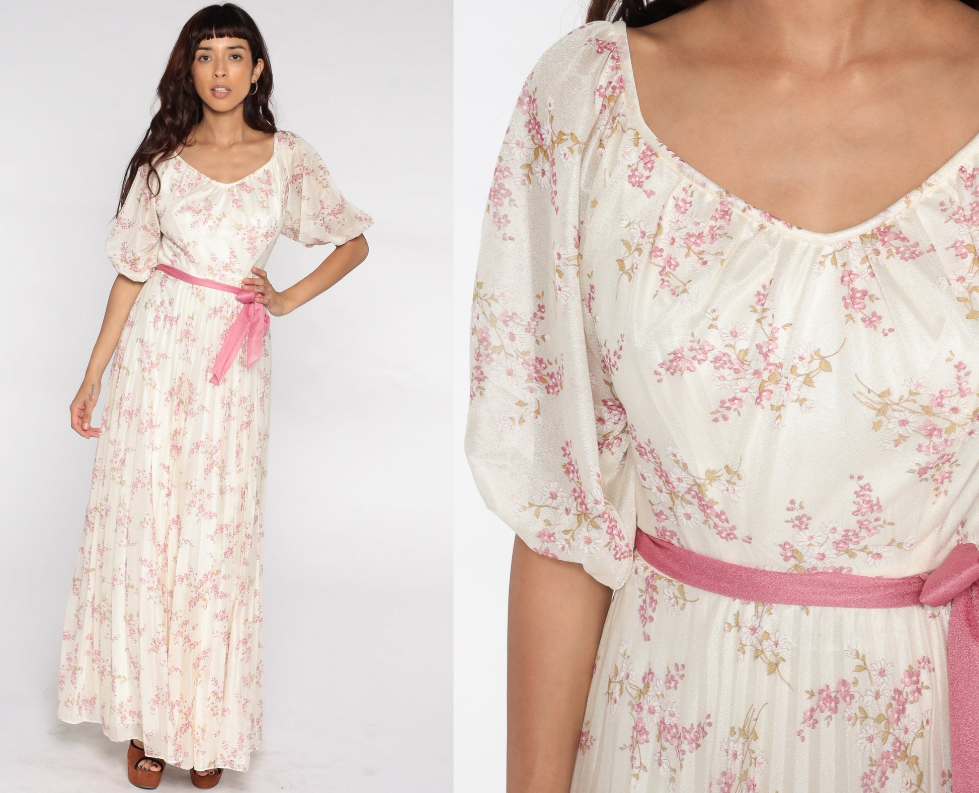 70s Floral Maxi Dress Off-White Pink High Waist Pleated Small