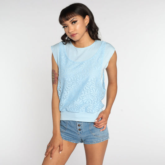 80s Baby Blue Lace Cap Sleeve Blouse with Attached Tank Small