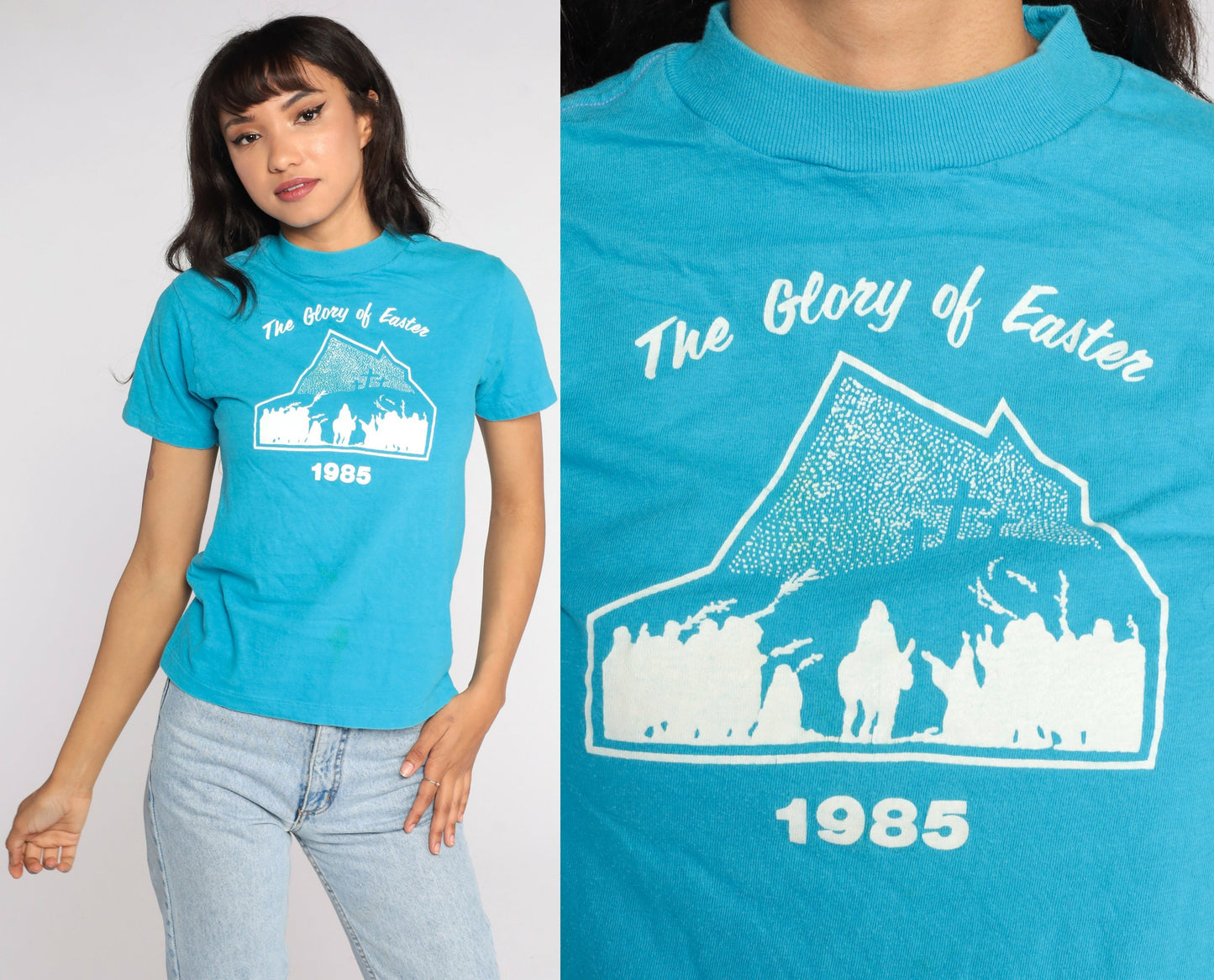 80s Christian Easter 1985 Jesus Graphic T-Shirt Blue Single Stitch Small