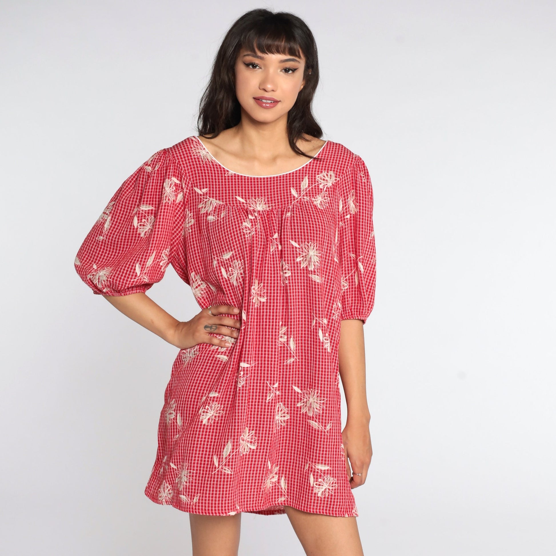 80s Red Checkered Floral Mini Dress Puff Sleeve Shift Cut Large