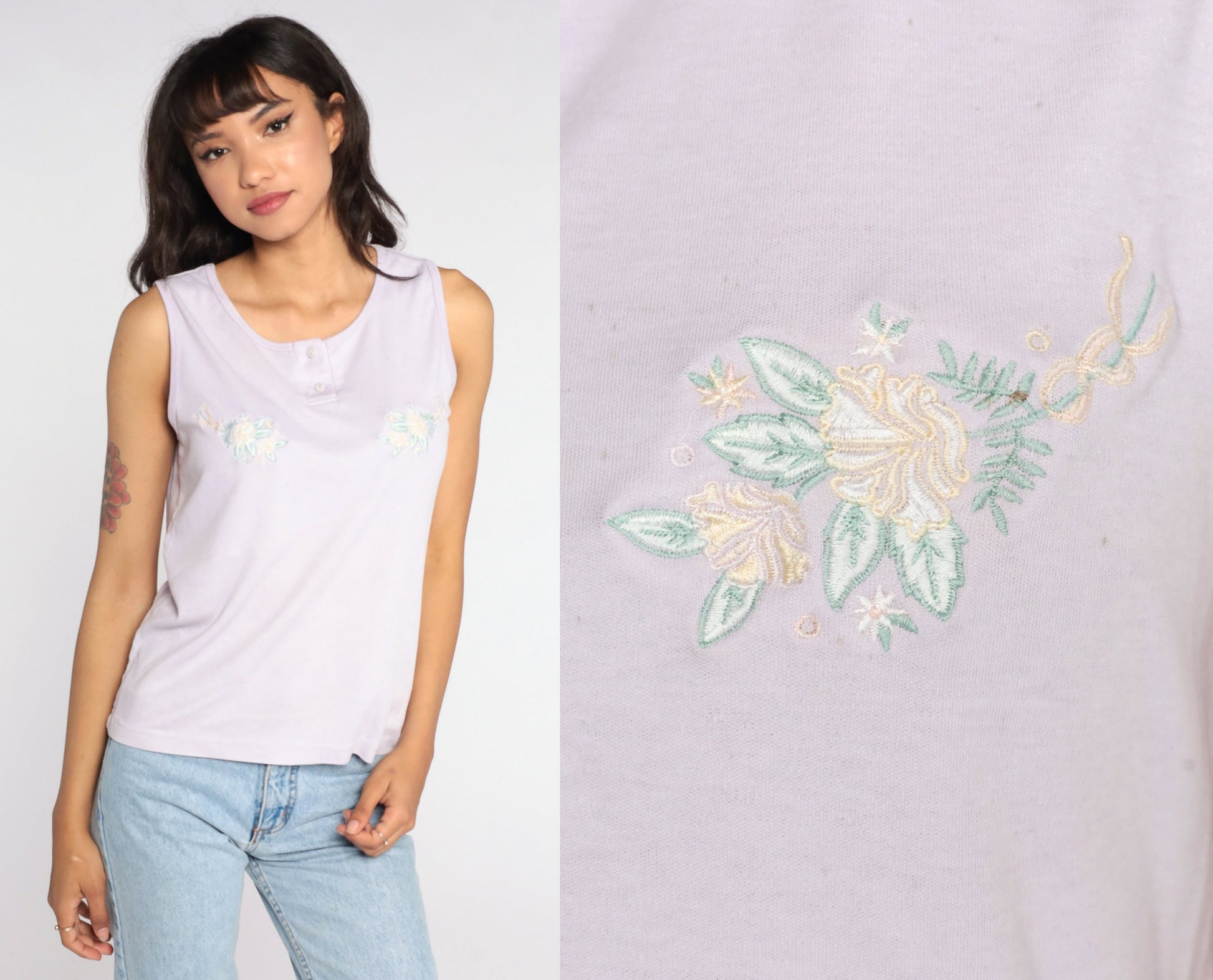 80s Floral Tank Top Lavender Purple Henley Sleeveless Shirt Large