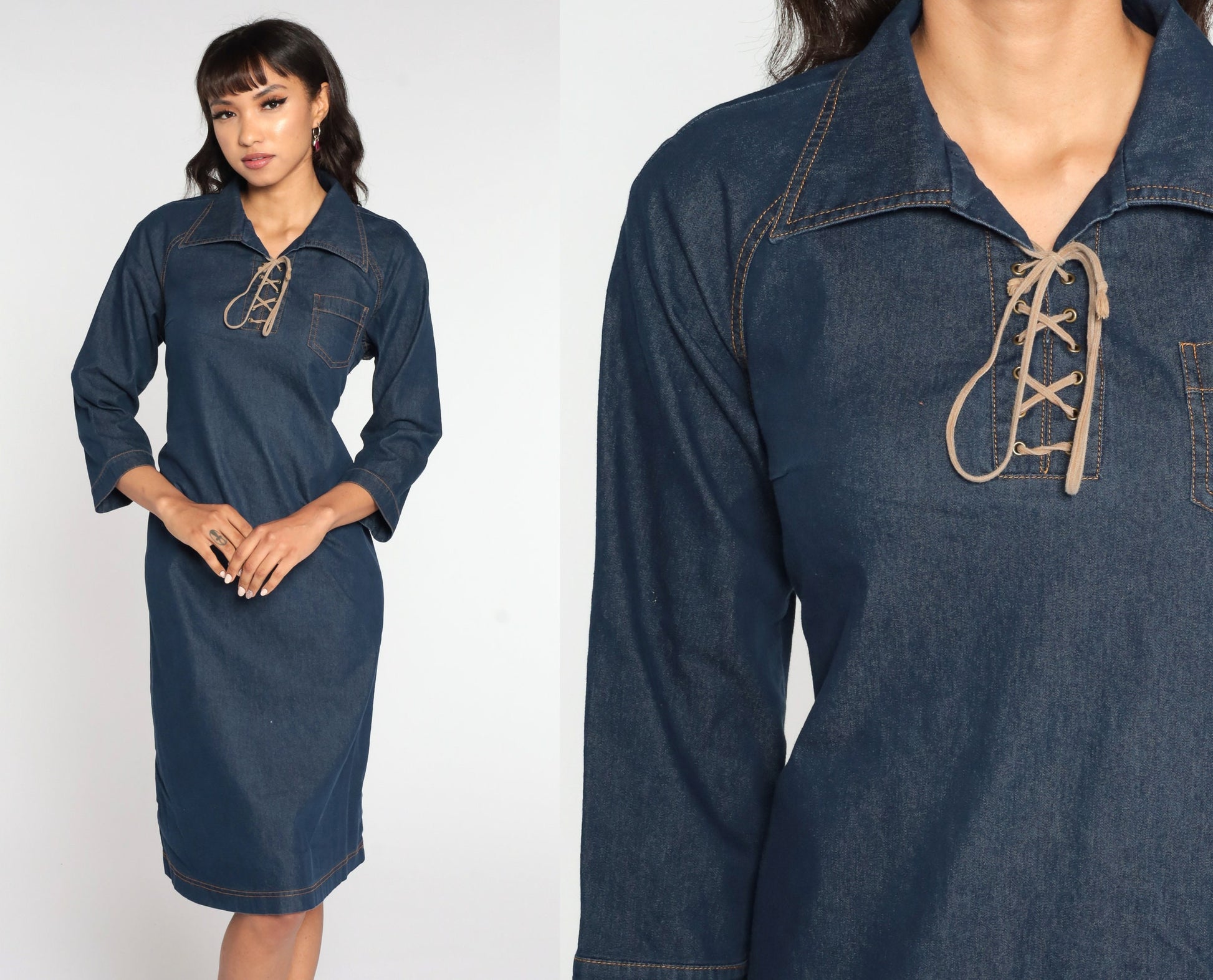 90s Blue Denim Midi Dress Lace-Up Neckline Shift Cut Medium