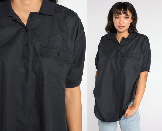 80s Black Polo Shirt Half Button Up Collared Cotton Blend Large
