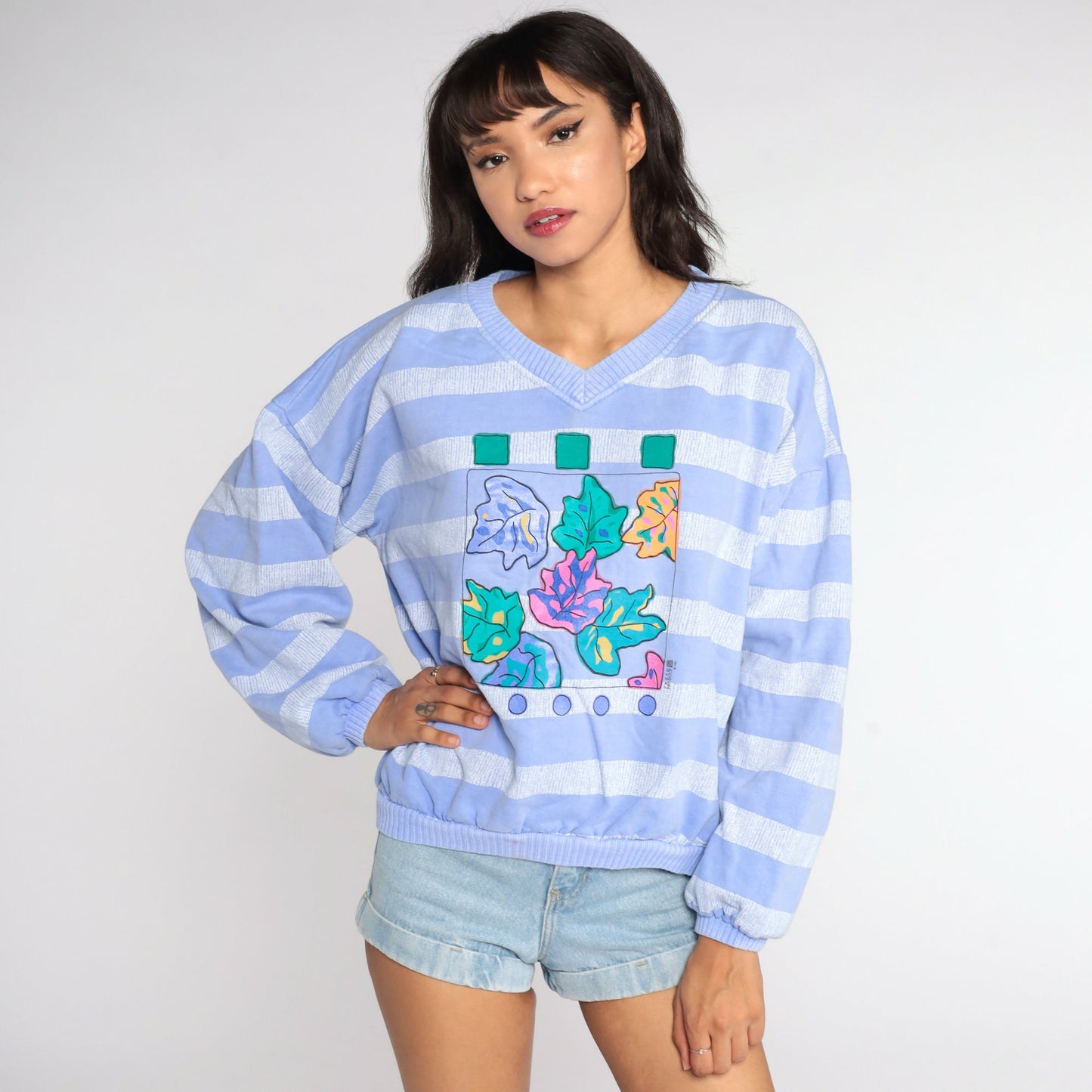 90s Purple Striped Leaf Graphic Sweatshirt Cotton Crewneck Large L