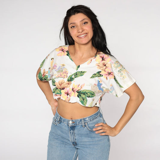 80s Polynesian Woman Tropical Crop Top Button-Up Blouse White Medium Large