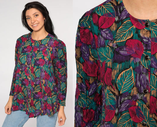 80s Leaf Print Button Up Shirt Purple Pink Rayon Blouse Large