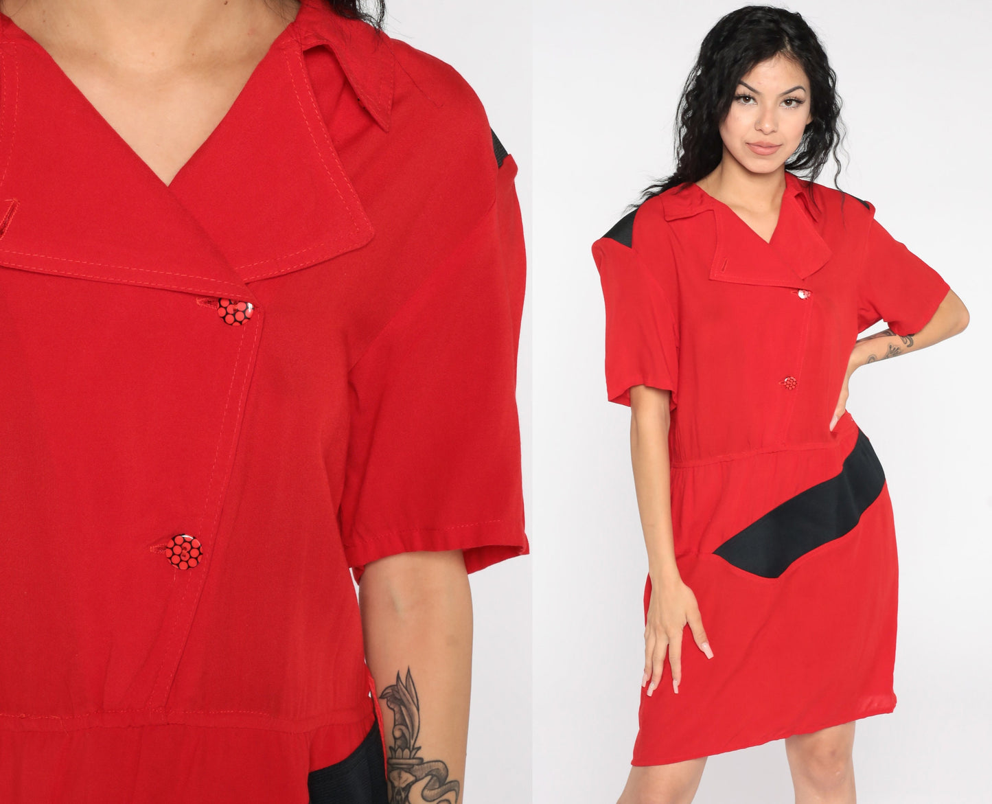 80s Red Mini Sheath Dress Button-Up V-Neck Short Sleeve Medium Large