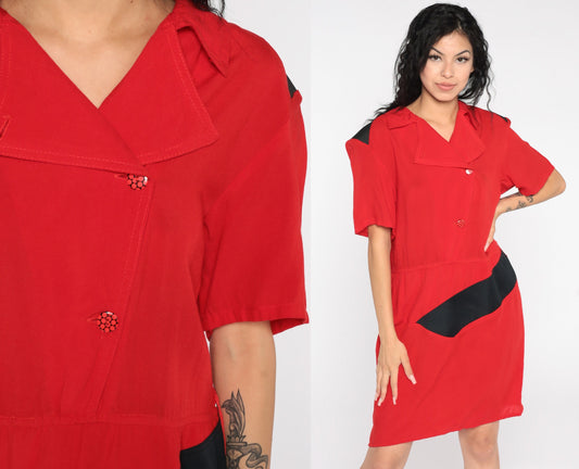 80s Red Mini Sheath Dress Button-Up V-Neck Short Sleeve Medium Large