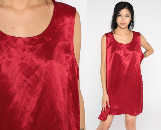 90s Red Satin Mini Slip Dress Sheath Sleeveless Cocktail Large L