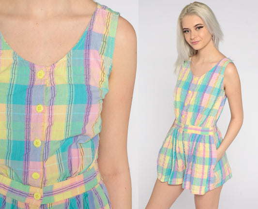 80s Pastel Plaid Romper Sleeveless High Waist Button Front Purple Turquoise Small