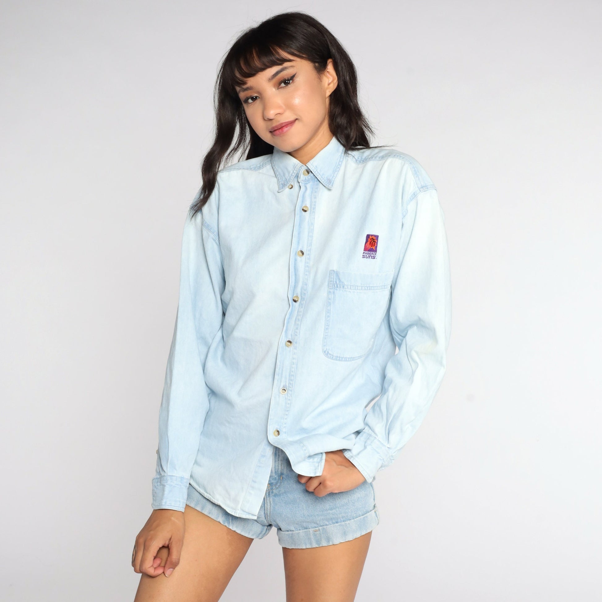 90s Phoenix Suns NBA Denim Button-Up Blouse Blue Small S