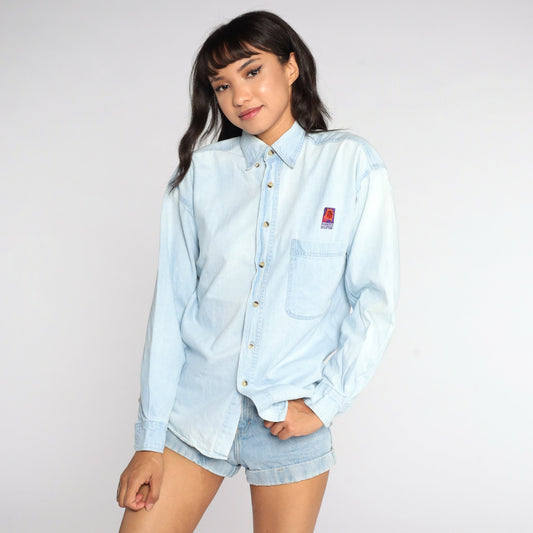 90s Phoenix Suns NBA Denim Button-Up Blouse Blue Small S