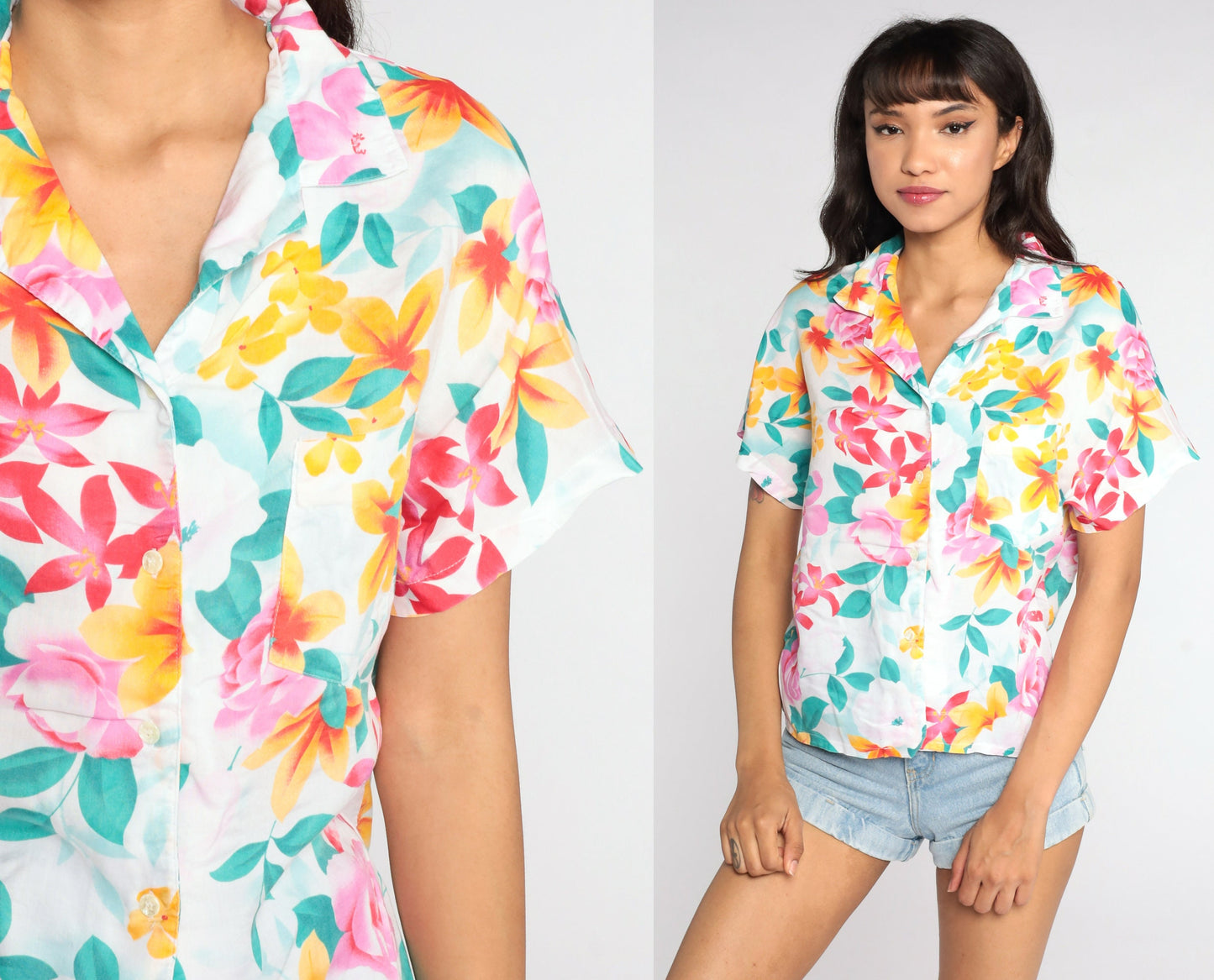 80s Diane von Furstenberg Tropical Floral Button-Up Blouse White Medium