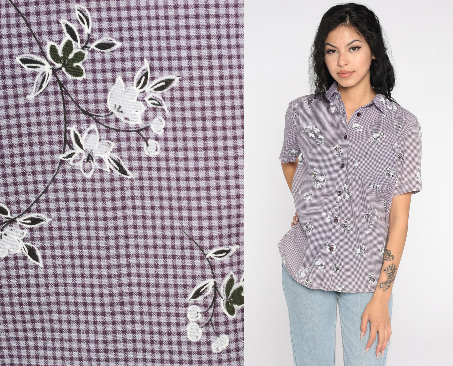 90s Purple Gingham Floral Button-Up Shirt Short Sleeve Small Petite