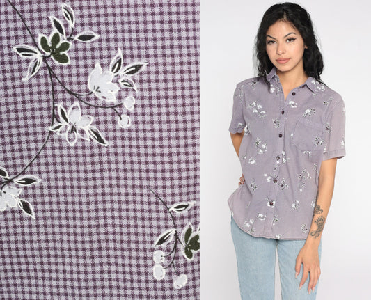 90s Purple Gingham Floral Button-Up Shirt Short Sleeve Small Petite
