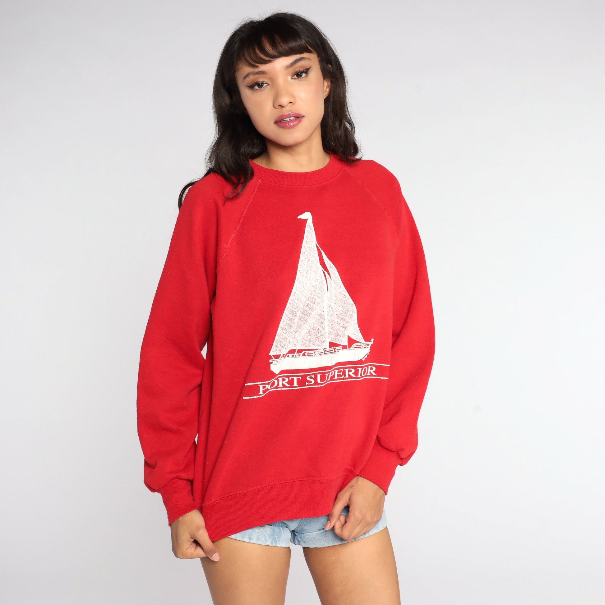 80s Port Superior Wisconsin Sailboat Sweatshirt Red Raglan Pullover Large